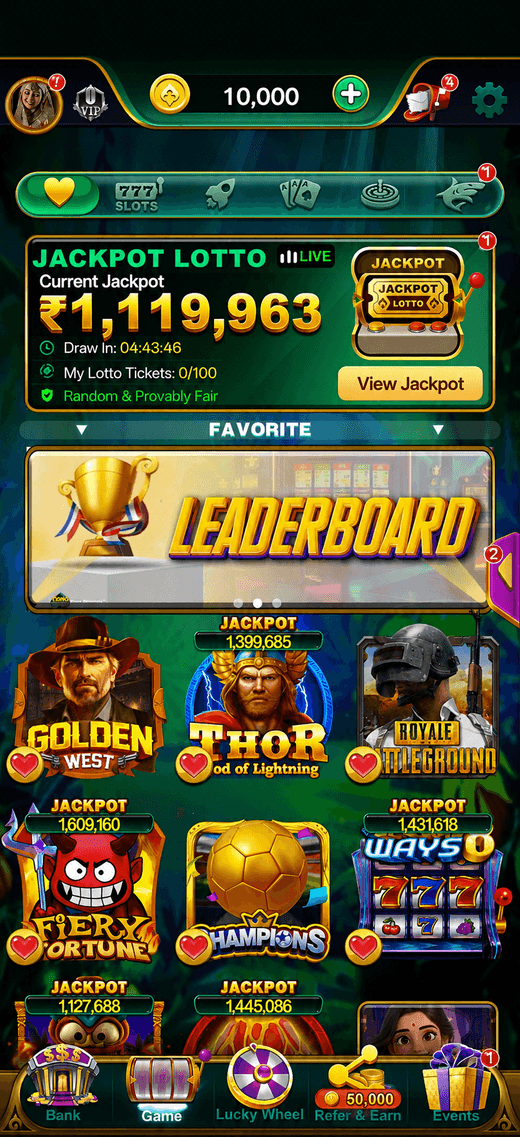 YonoRummy Game app home screen showing the live jackpot lotto, favourite games and rummy lobby