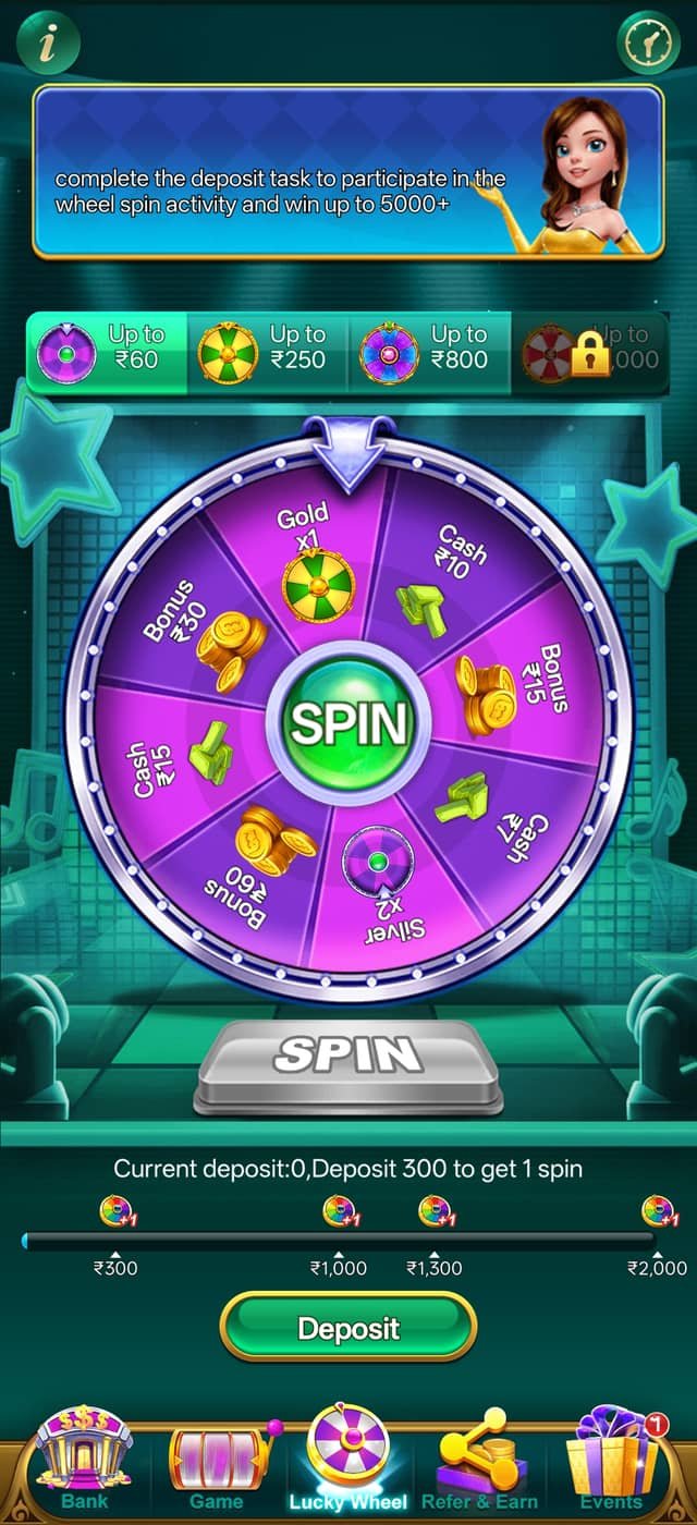 YonoRummy lucky wheel spin activity screen with cash, bonus and gold prize segments