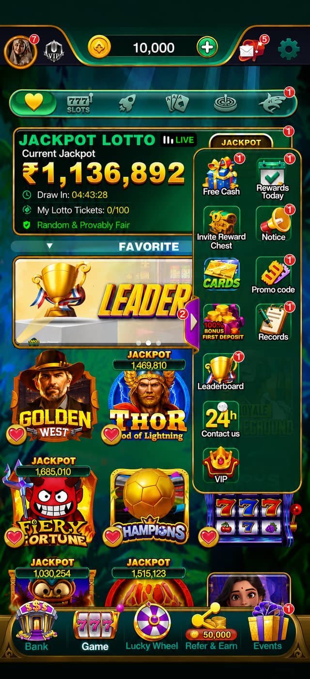 YonoRummy Game app main lobby showing the live jackpot lotto, favourite games and the rewards side menu