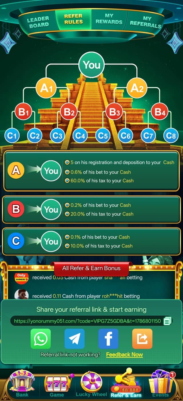 YonoRummy refer and earn screen showing the three-tier referral tree and shareable referral link