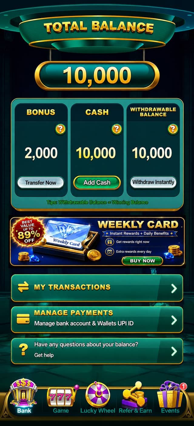 YonoRummy wallet screen showing total balance, bonus, cash and withdrawable balance with add cash and withdraw instantly buttons