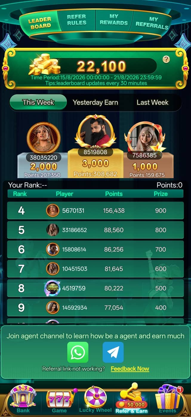 YonoRummy weekly leaderboard showing player rankings, points and prize amounts