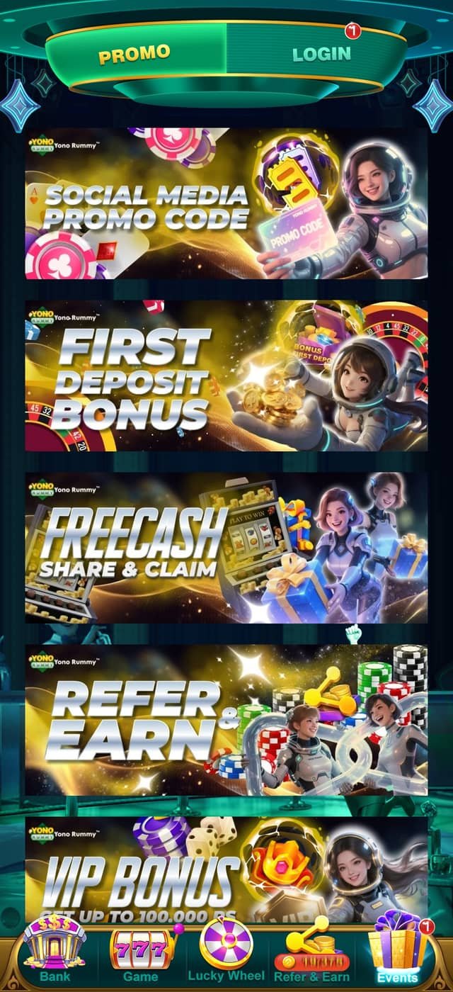YonoRummy promotions screen with social media promo code, first deposit bonus, free cash, refer and earn and VIP bonus offers