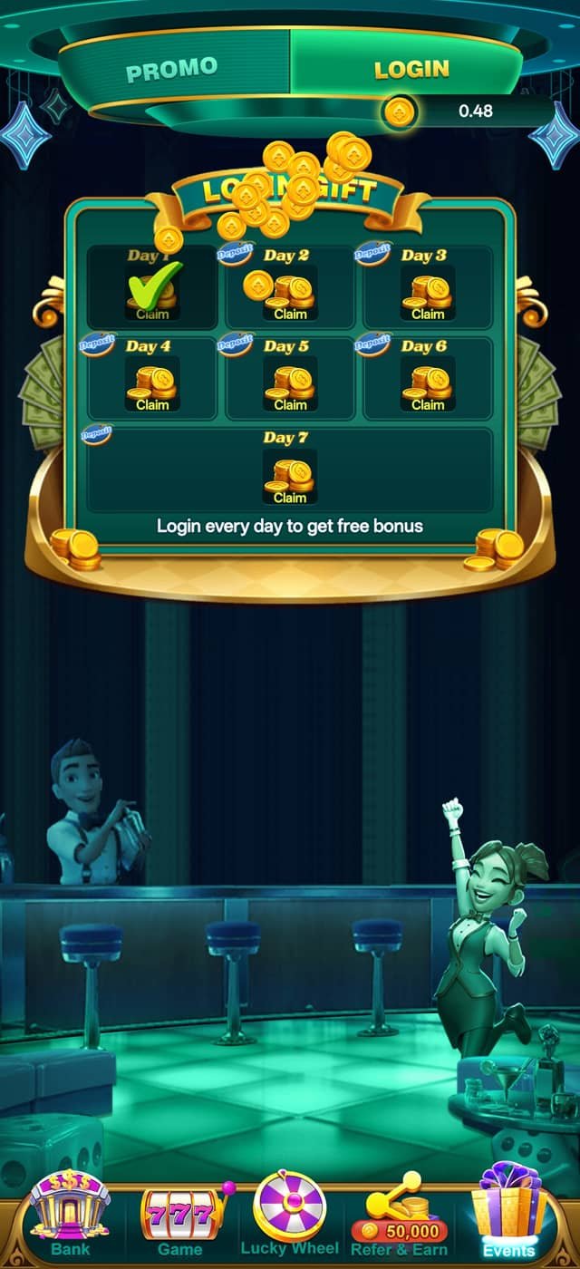 YonoRummy seven day login gift screen with daily claimable free bonus