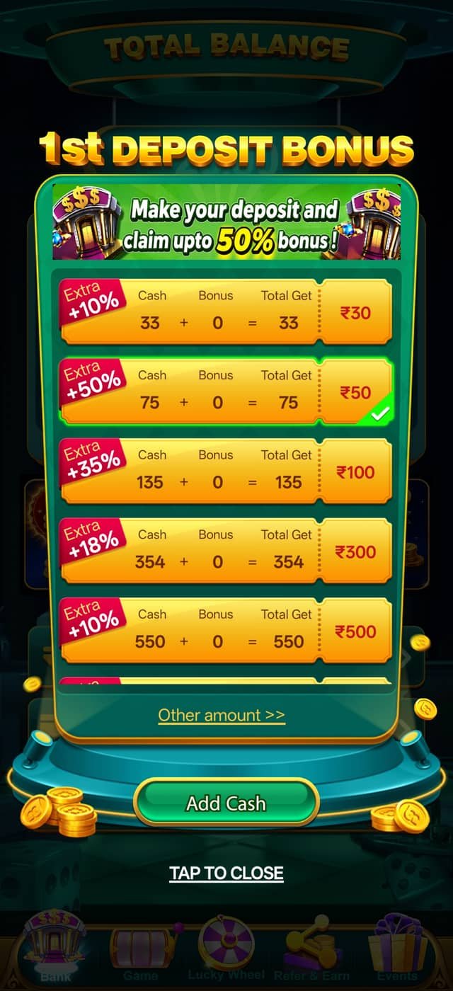 YonoRummy first deposit bonus screen showing deposit tiers with extra percentage bonuses